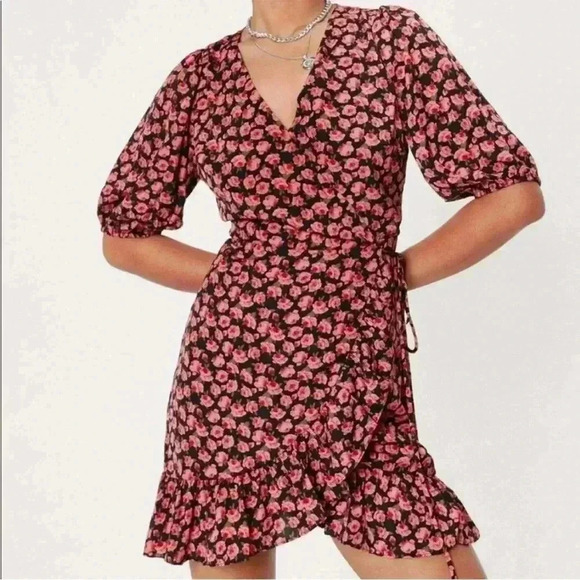 Nasty Gal Collection V Neck Rose Floral Puff Sleeve Ruffle Mini Wrap Dress - Picture 2 of 12